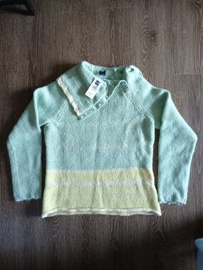 GAP Mint Green Womens Sweater Yellow Green Snap Cowl Neck Wool Mohair Blend NWT